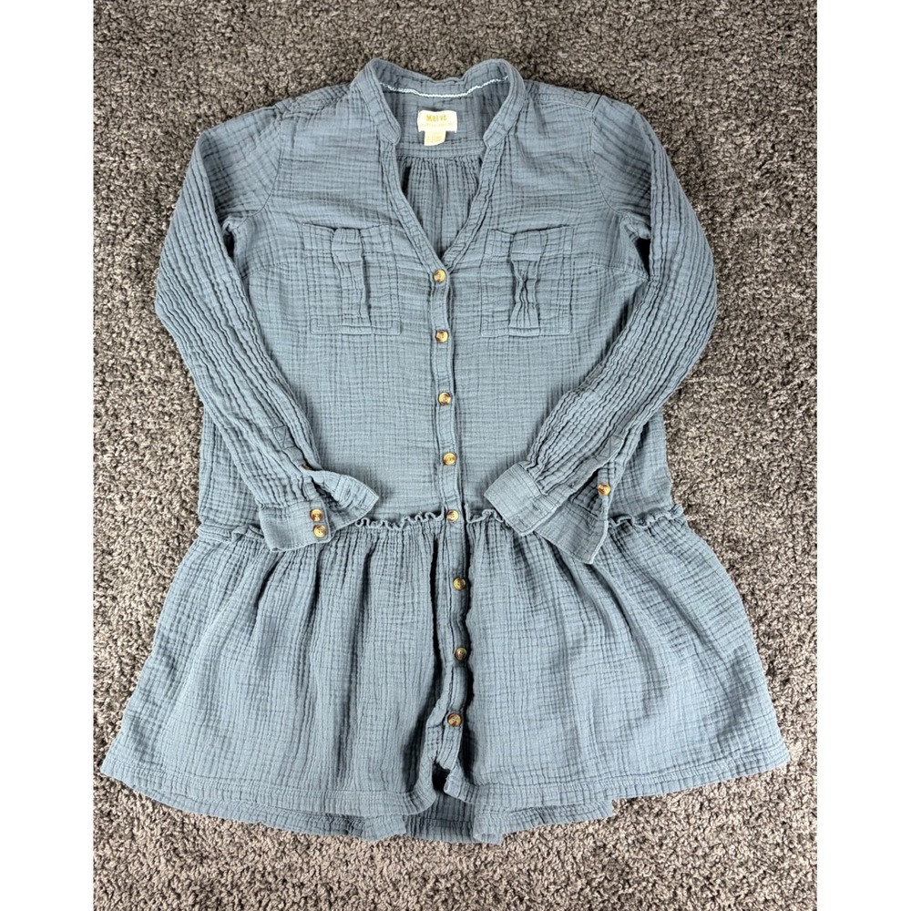 Maeve Anthropologie Blue Double Gauze Cotton Ruffle Hem Button Down Tunic Dress
